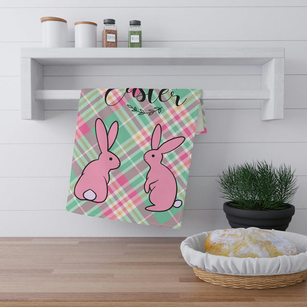Happy Easter Pink Bunnies & Pastel Plaid Kitchen Tea Towel | lovevisionkarma.com