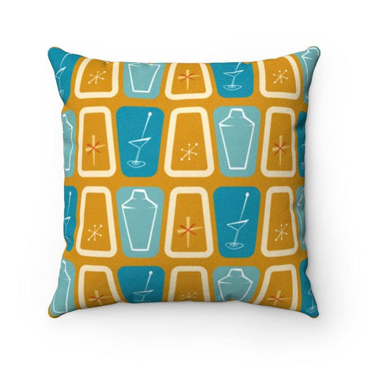 Mid Century Atomic Martinis & Mixers Mustard & Blue Pillow | lovevisionkarma.com