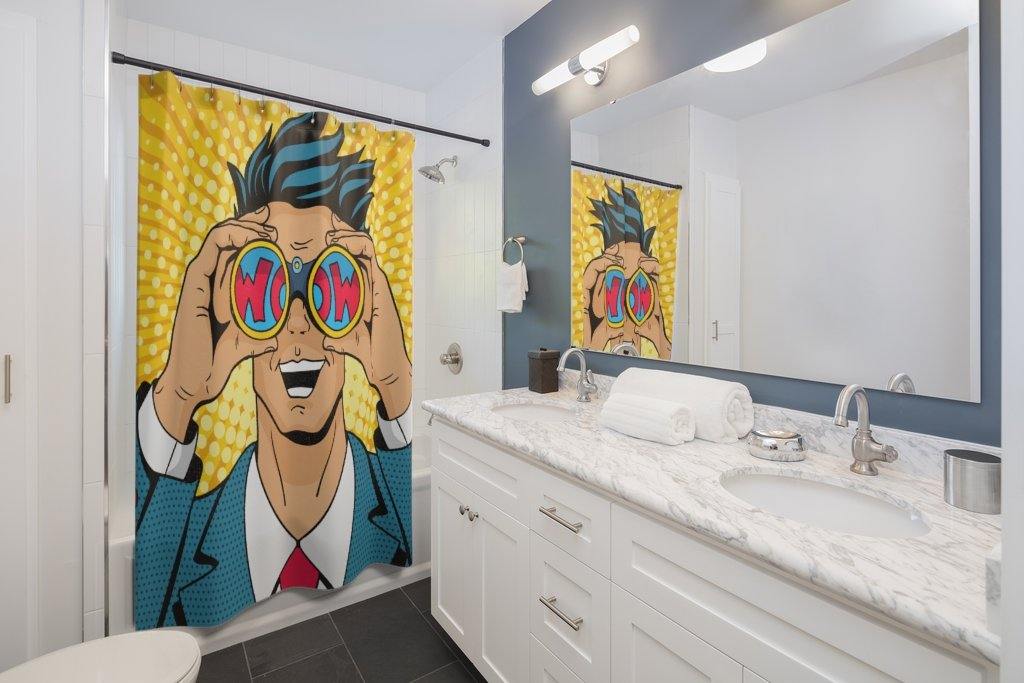 "Wow" Man Comic Pop Art Funny Shower Curtain | lovevisionkarma.com