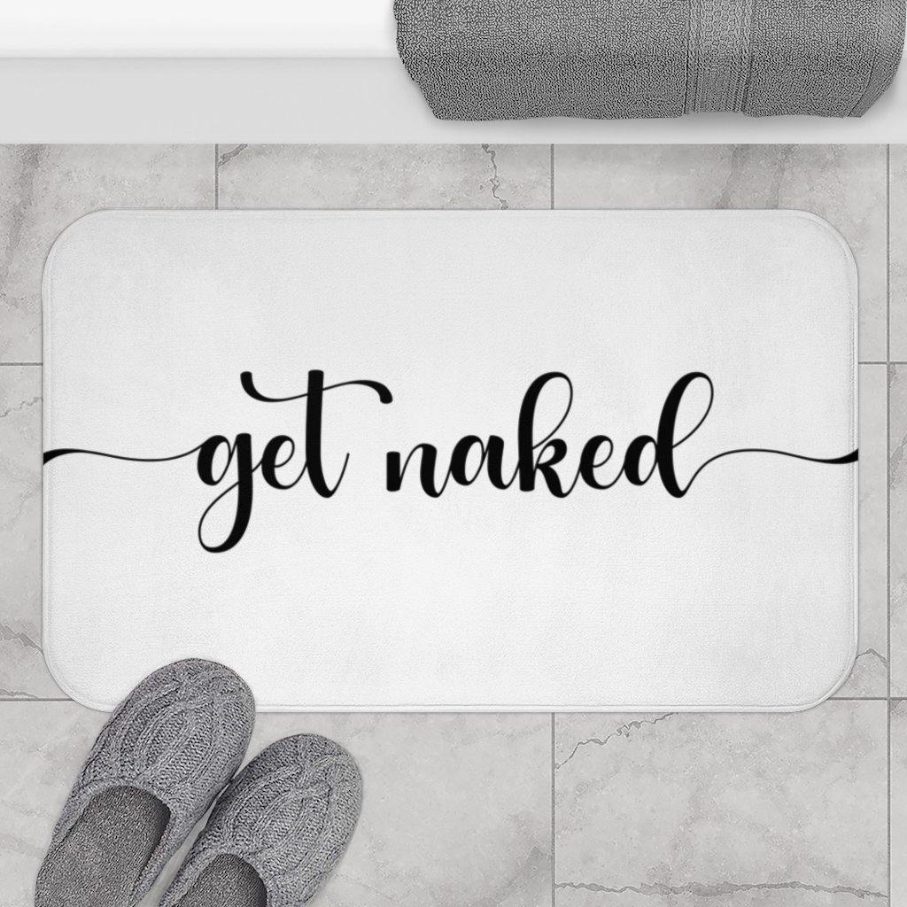 "Get Naked" White Funny Modern Minimalist Bath Mat | lovevisionkarma.com