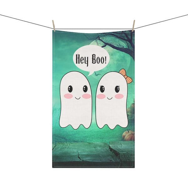 Cute Ghost Couple, Hey Boo, Kawaii Halloween Kitchen Tea Towel | lovevisionkarma.com