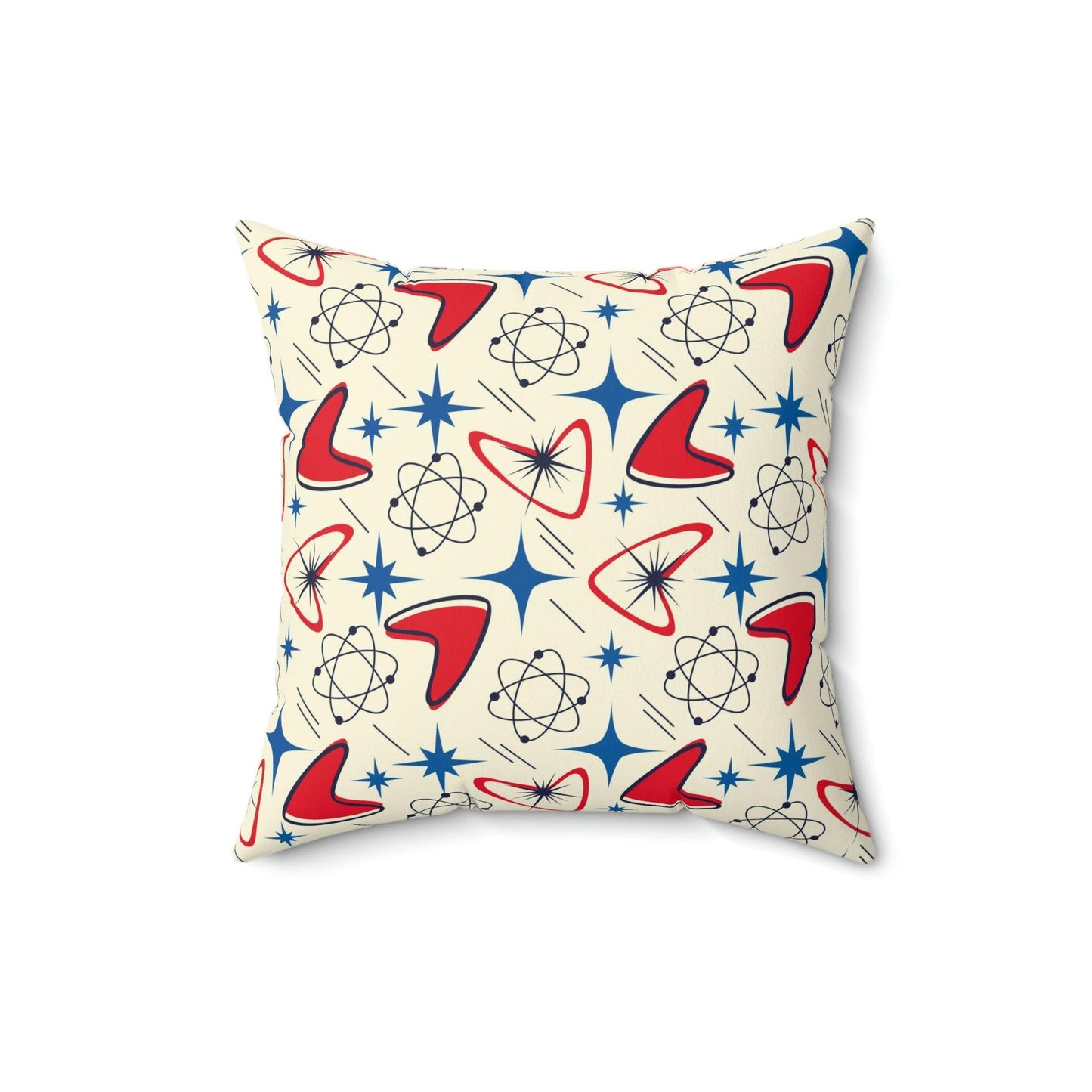 Retro 50s Atomic Boomerangs and Space Age Starburst Red, Blue and Cream MCM Throw Pillow | lovevisionkarma.com