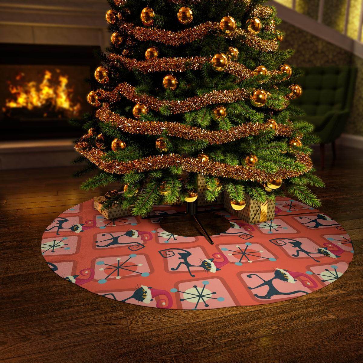 Atomic MCM Cats and Starbursts Festive Red Christmas Tree Skirt | lovevisionkarma.com
