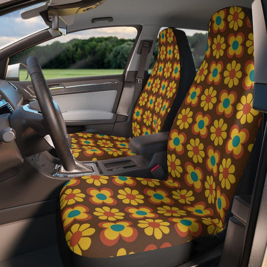 Retro Groovy Flowers Brown & Mustard MCM Car Seat Covers | lovevisionkarma.com