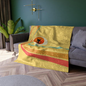 Retro Atomic Cat and Rainbow Wave Mid Century Mod Yellow Crushed Velvet Blanket | lovevisionkarma.com