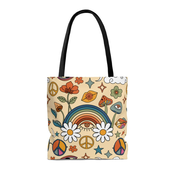 Retro Trippy Mushroom, Eye & Rainbow Hippie Tote Bag | lovevisionkarma.com