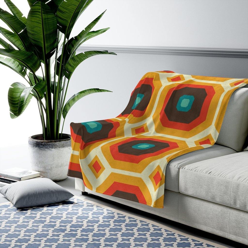 Retro 60's Geometric Brown Orange Mid Century Modern Velveteen Lightweight Blanket | lovevisionkarma.com
