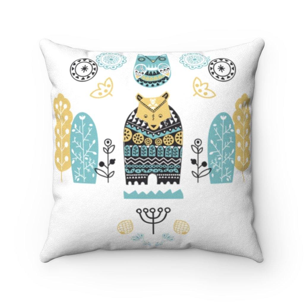 Scandinavian Nordic Folk Art Blue & Black Owl and Bear Pillow | lovevisionkarma.com