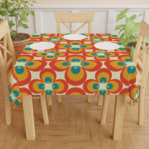 Groovy Retro Flowers 1960s, 1970s Orange and Green Mid Century Mod Tablecloth | lovevisionkarma.com