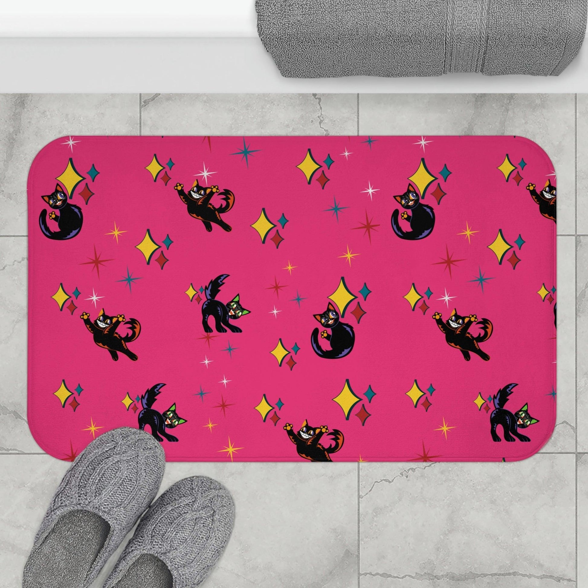 Retro Atomic Kitsch Cats Mid Century Mod Pink Bath Mat | lovevisionkarma.com