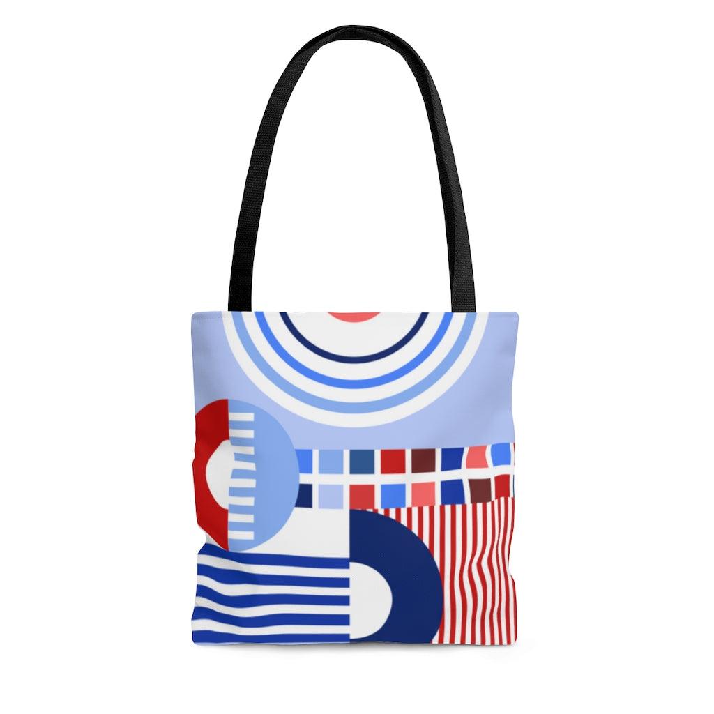 Retro Bauhaus Abstract Geometric Blue, Red and White Tote Bag | lovevisionkarma.com