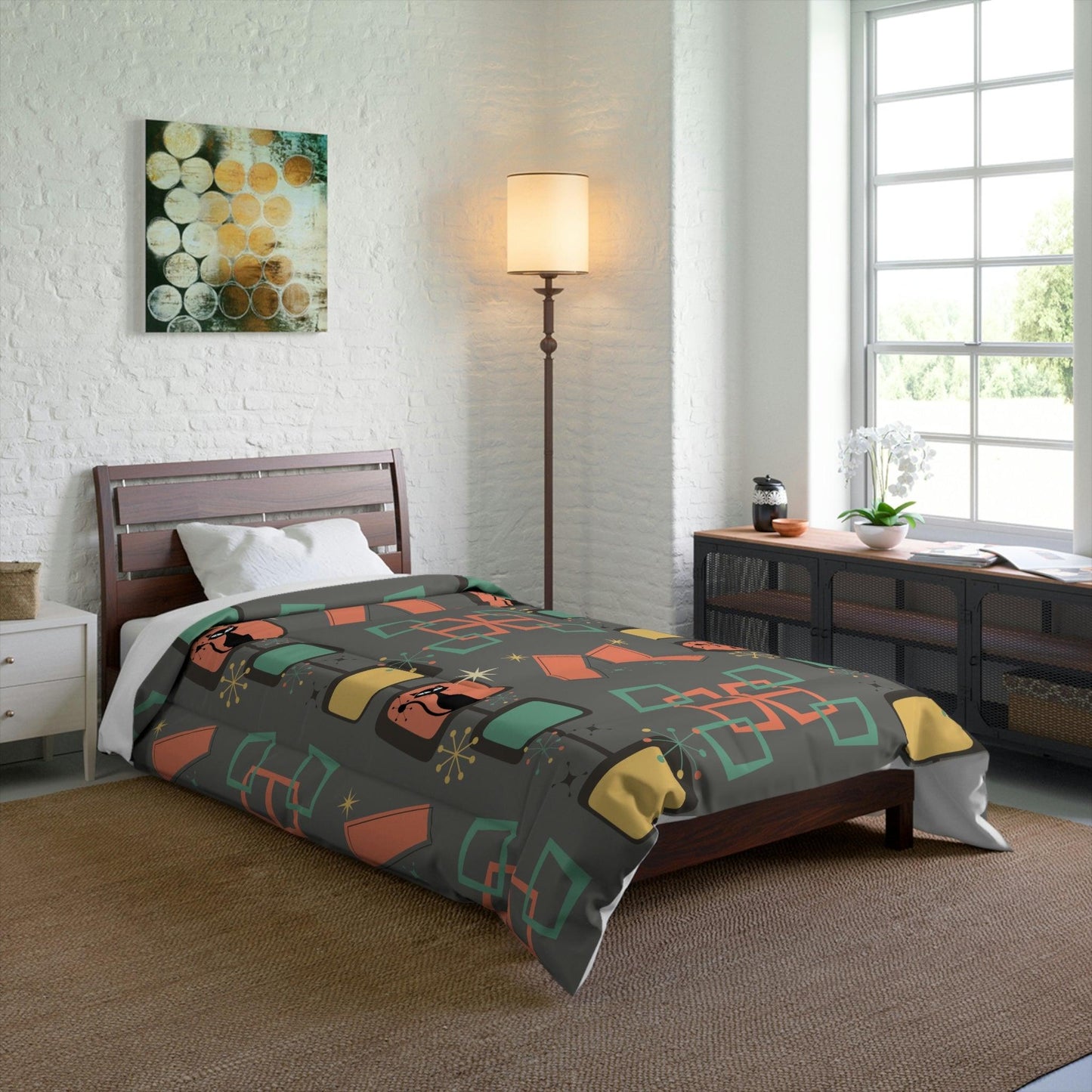 Retro 50s Atomic Cat & Starburst Mid Century Gray, Coral & Green Comforter | lovevisionkarma.com