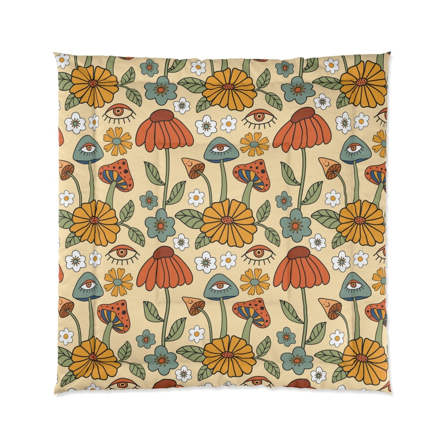 Boho Trippy Mushroom & Flowers Hippie Cottagecore MCM Comforter | lovevisionkarma.com