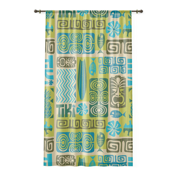 Retro 60's Tiki MCM Green and Blue Sheer Window Curtain | lovevisionkarma.com