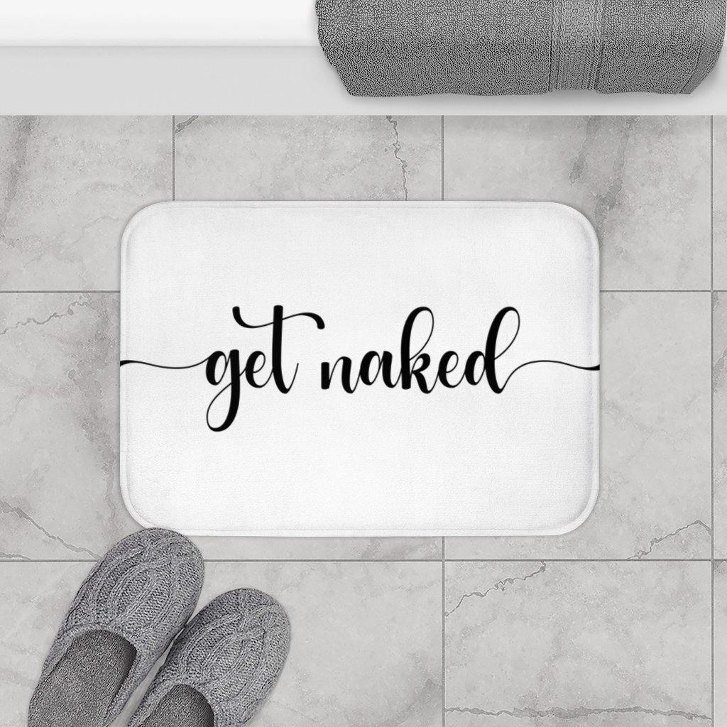 "Get Naked" White Funny Modern Minimalist Bath Mat | lovevisionkarma.com