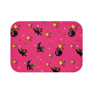Retro Atomic Kitsch Cats Mid Century Mod Pink Bath Mat | lovevisionkarma.com