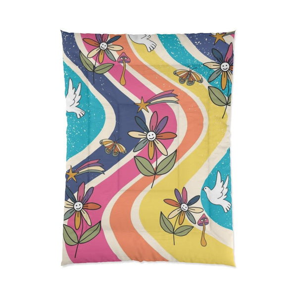 Groovy Hippie Flowers & Boho Mushrooms Colorful Comforter | lovevisionkarma.com