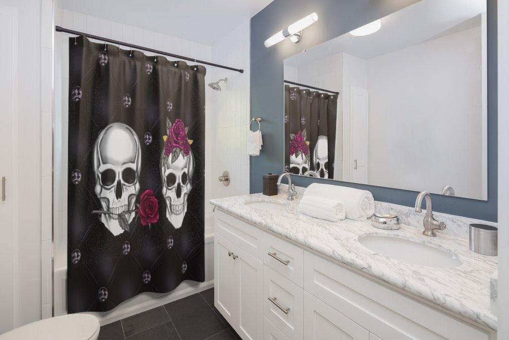 Skull Couple Glam Goth Black Halloween Shower Curtain | lovevisionkarma.com