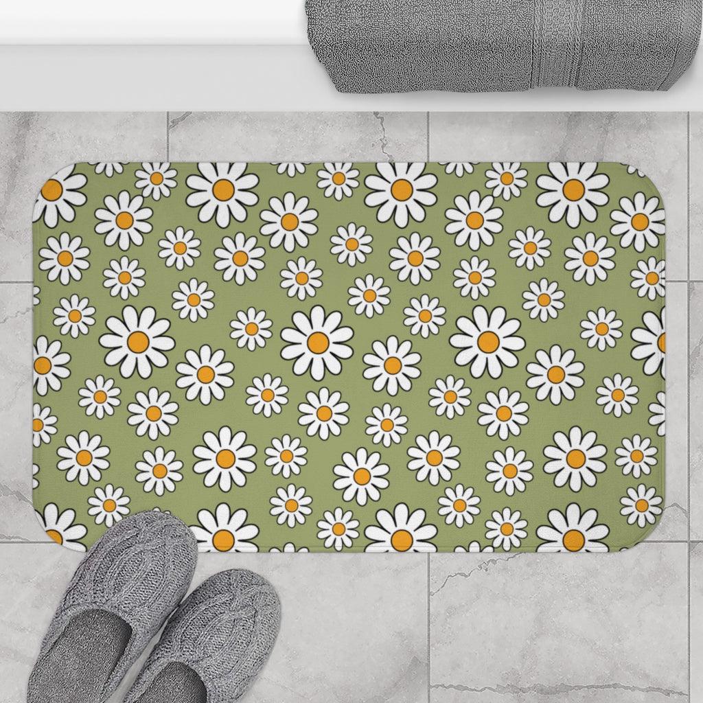 Retro Daisy Sage Green MCM Boho Bath Mat | lovevisionkarma.com