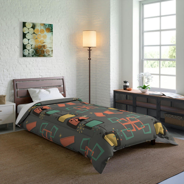 Retro 50s Atomic Cat & Starburst Mid Century Gray, Coral & Green Comforter | lovevisionkarma.com