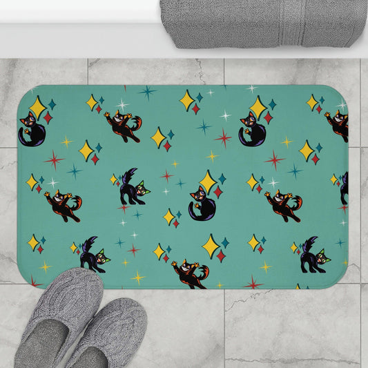 Retro Atomic Kitsch Cats Mid Century Mod Blue Bath Mat | lovevisionkarma.com