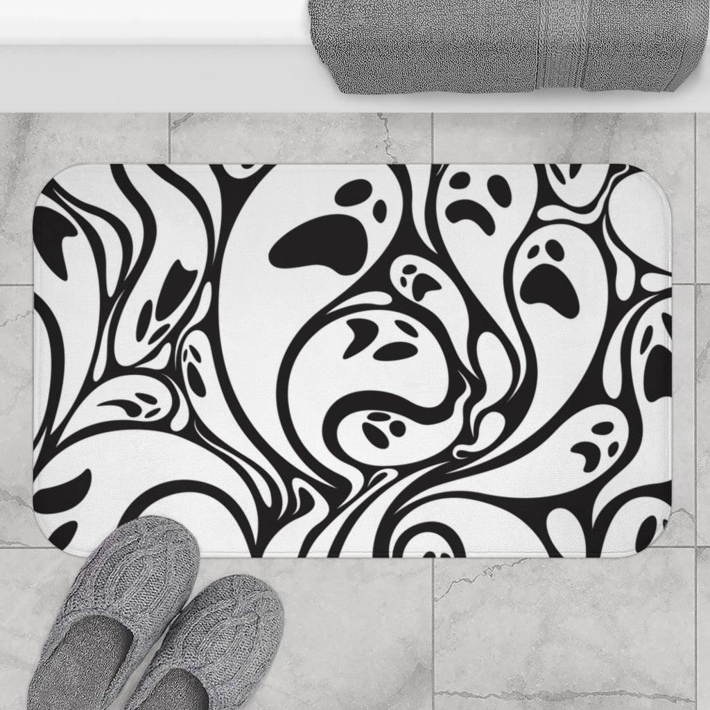 Spooky Swirling Ghosts, Halloween Black & White Bath Mat | lovevisionkarma.com