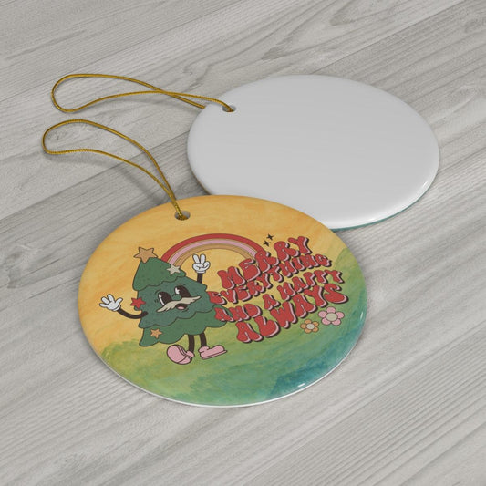 Groovy Retro Aesthetic, Colorful Cheery Hippie Christmas Ceramic Ornament | lovevisionkarma.com