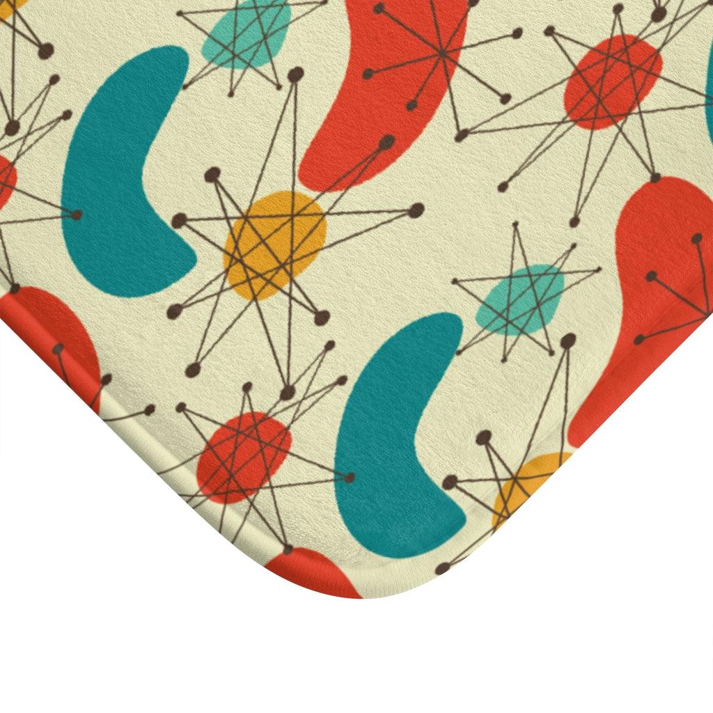 Retro Atomic Boomerang 50s 60s Mid Century Modern Blue & Orange Bath Mat | lovevisionkarma.com