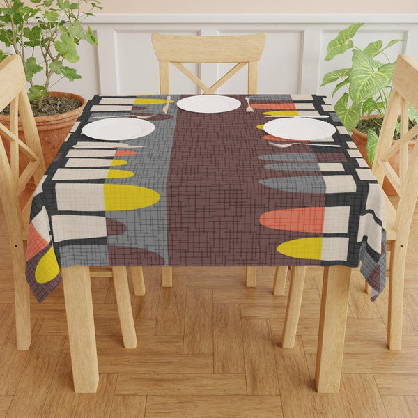 Retro MCM Abstract Brown, Gray, Yellow and Orange Tablecloth | lovevisionkarma.com