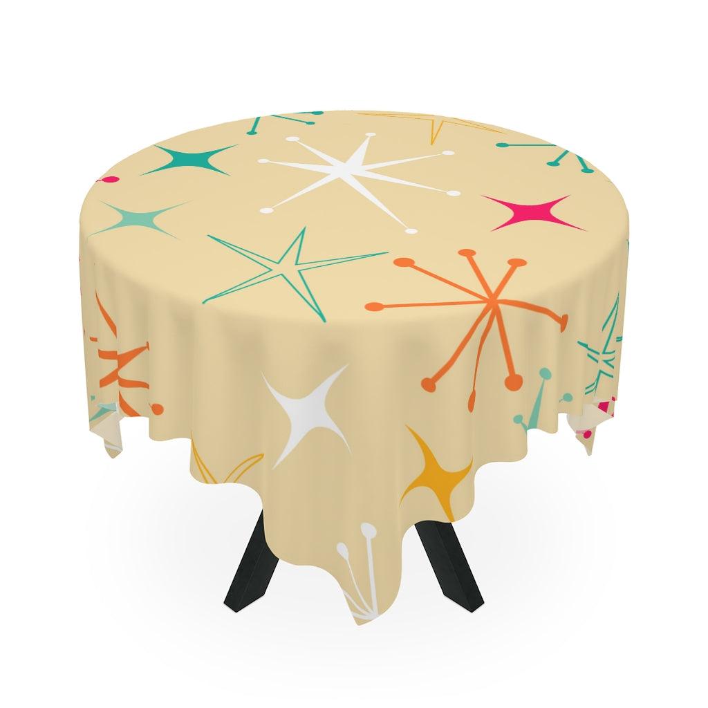 Retro Mid Century Starbursts on Cream Tablecloth | lovevisionkarma.com