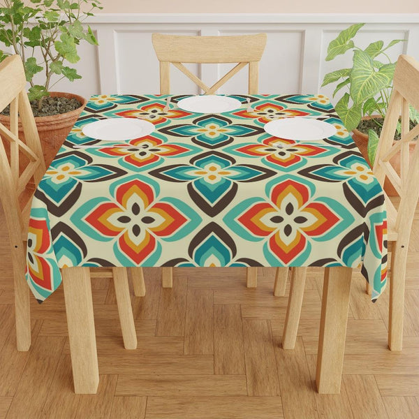 Retro Geo Flowers Blue & Orange Mid Century Mod Tablecloth | lovevisionkarma.com