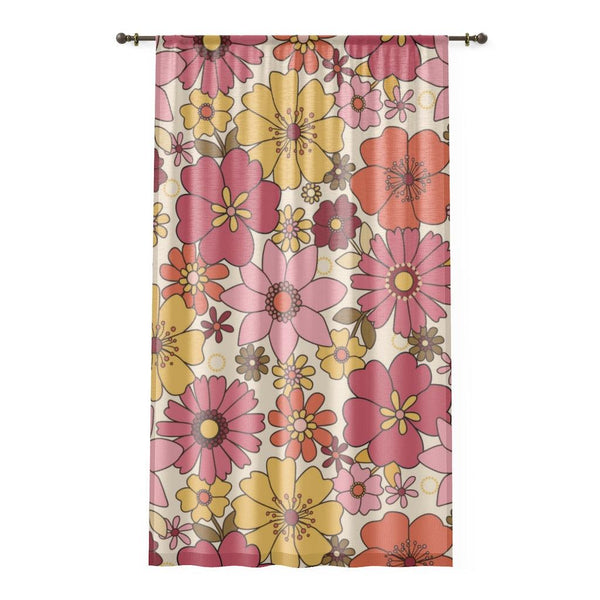 Retro Mid Century Flowers Pink, Yellow & Orange Sheer Window Curtain | lovevisionkarma.com