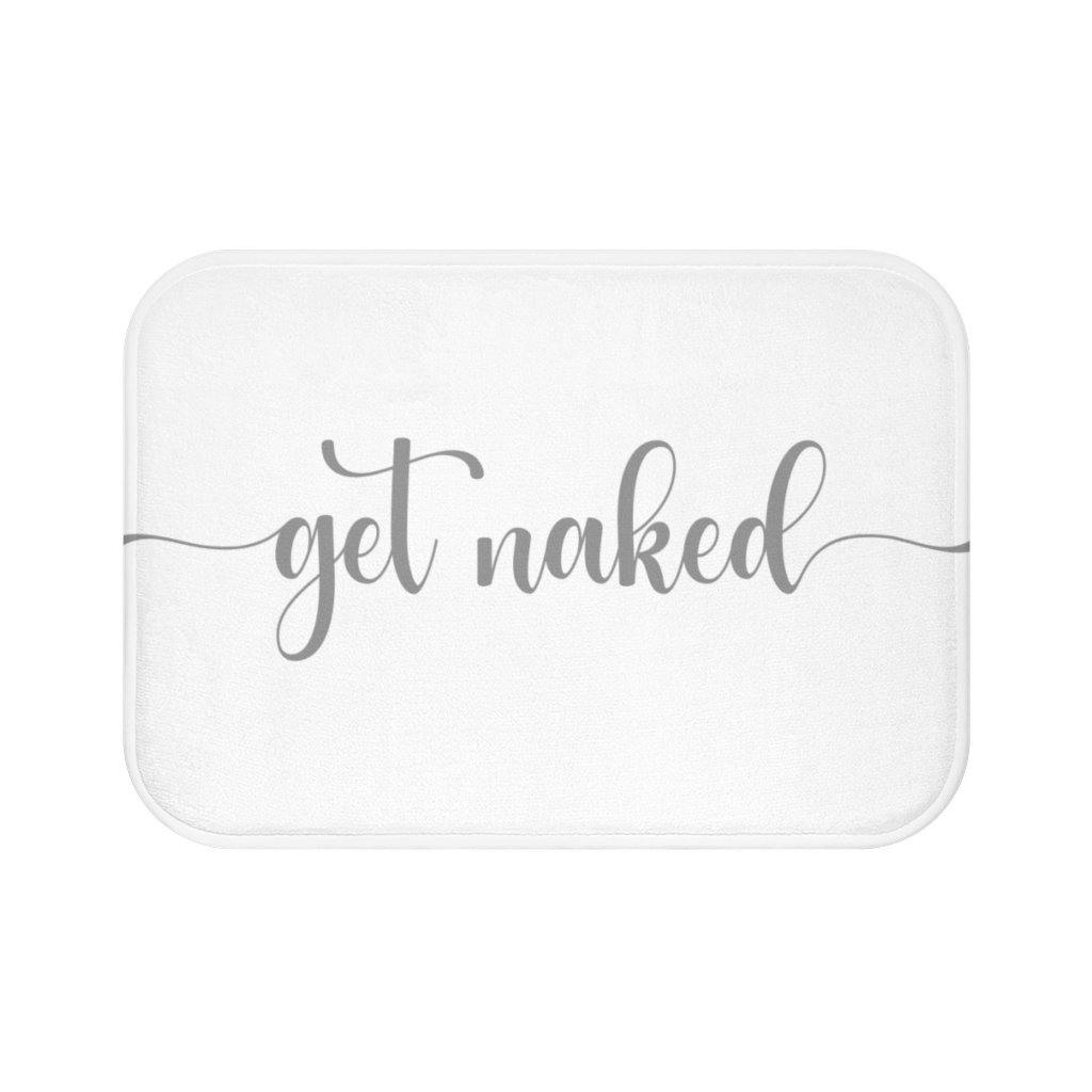 "Get Naked" White Funny Modern Minimalist Bath Mat | lovevisionkarma.com