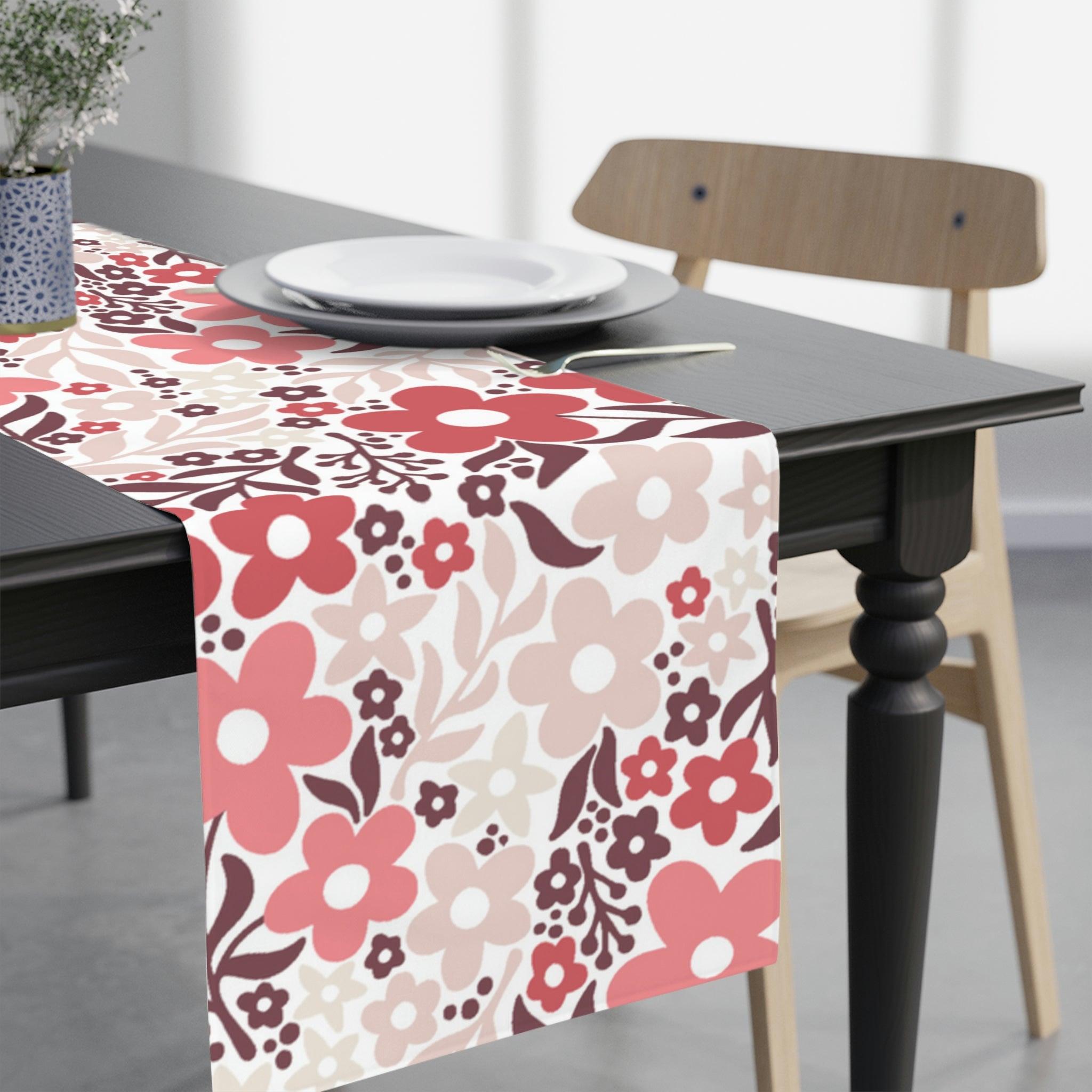 Retro Minimalist Flowers Coral and Pink Mid Century Table Runner