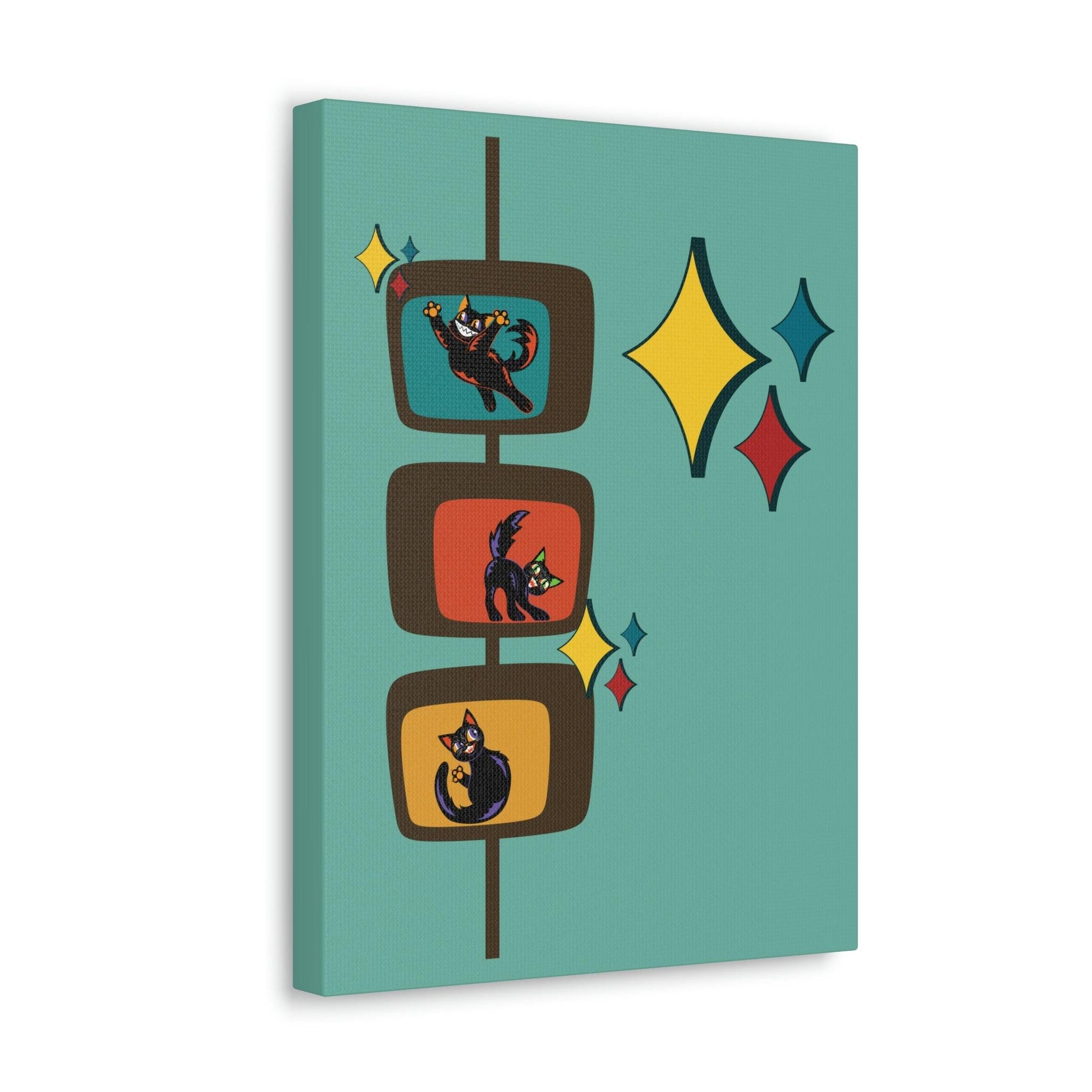 Kitschy Atomic Cats and Bursts Retro Mid Century Blue Canvas Gallery Wrap | lovevisionkarma.com