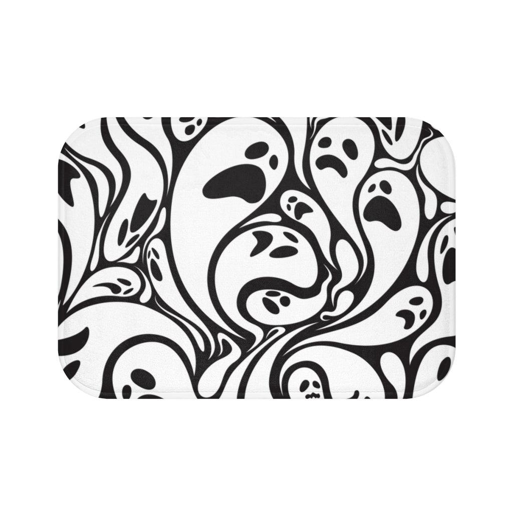 Spooky Swirling Ghosts, Halloween Black & White Bath Mat | lovevisionkarma.com