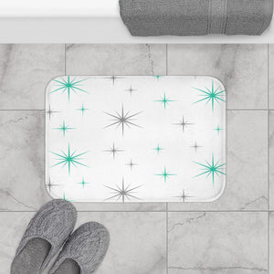 Starbursts 50s, 60s Mid Century Modern Teal & Grey Bath Mat | lovevisionkarma.com