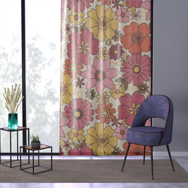 Retro Mid Century Flowers Pink, Yellow & Orange Sheer Window Curtain | lovevisionkarma.com