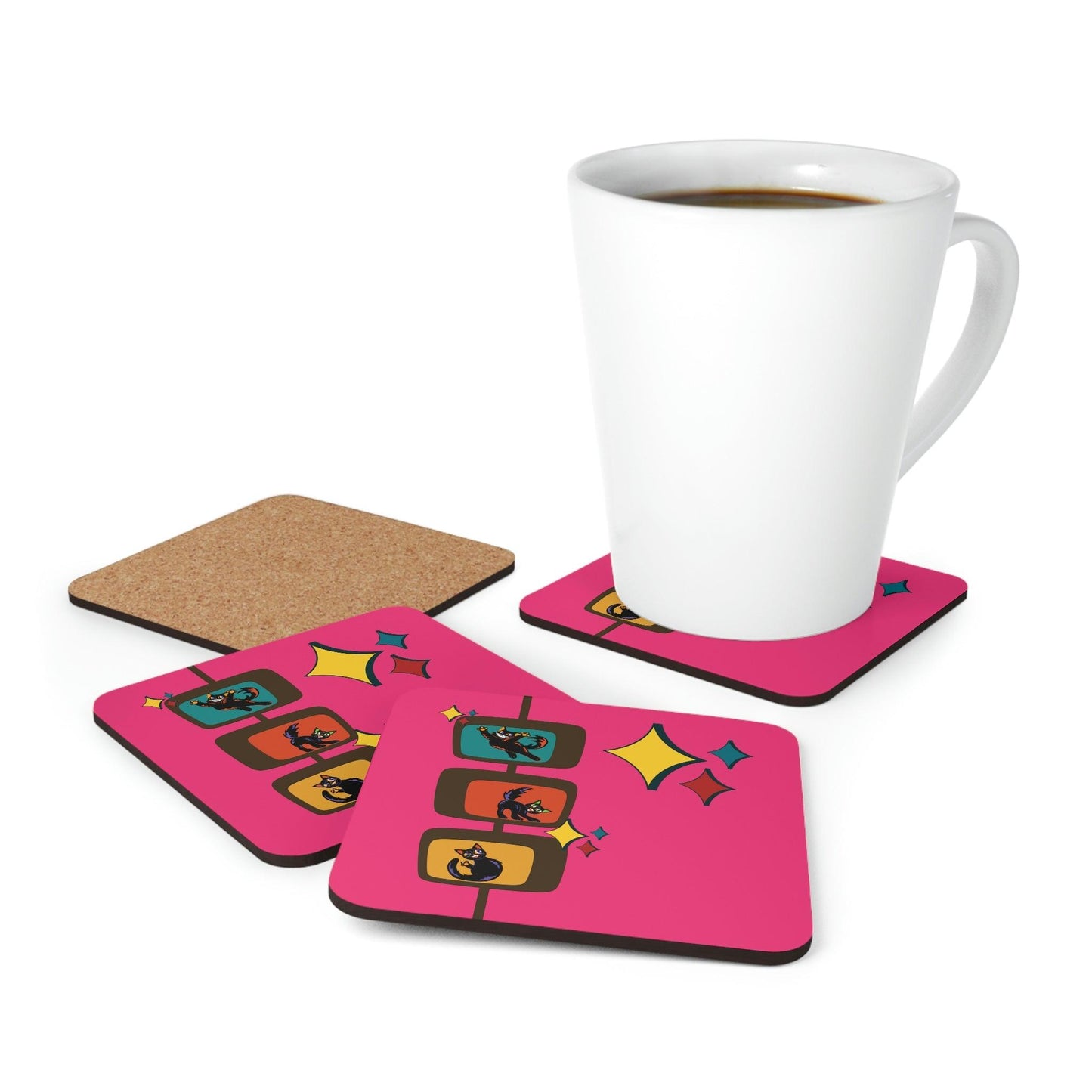 Retro Atomic Cats MCM Starburst Pink Coaster Set | lovevisionkarma.com