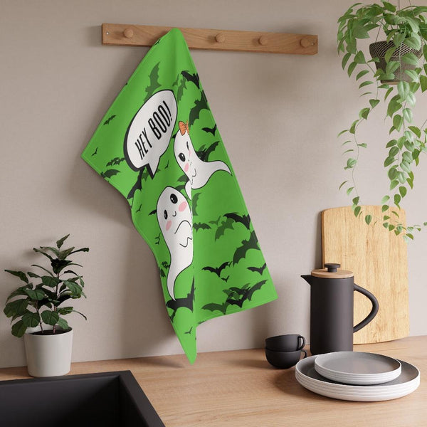 Hey Boo, Cute Kawaii Ghosts & Bats Halloween Green Tea Towel | lovevisionkarma.com