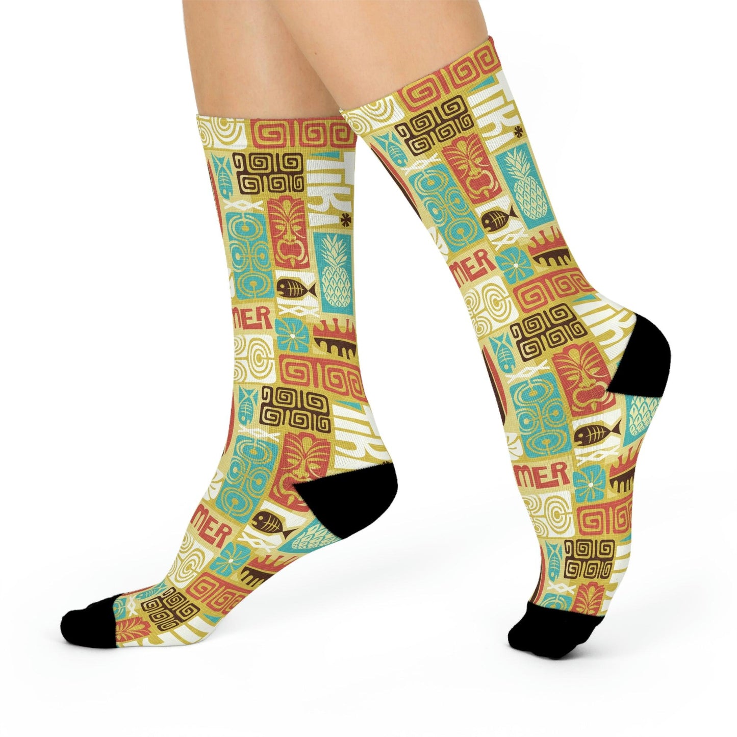 Retro 60s Tiki MCM Chartreuse Green & Brown Cushioned Crew Socks | lovevisionkarma.com