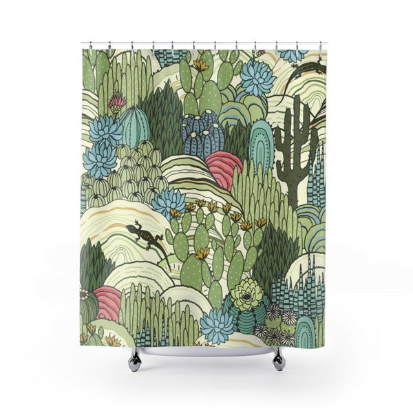 Cacti, Lizard and Succulents Retro Green Shower Curtain | lovevisionkarma.com
