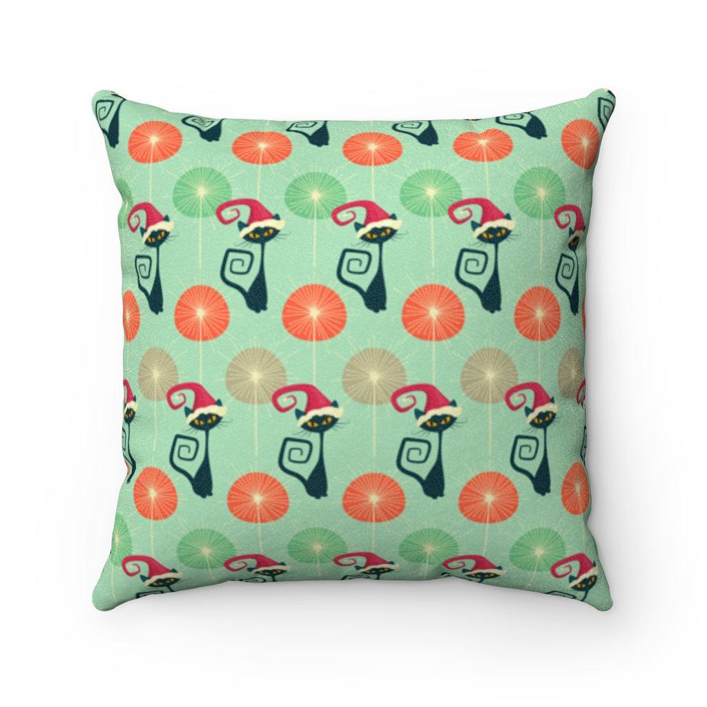 Retro Atomic Cats Christmas MCM Green Pillow | lovevisionkarma.com