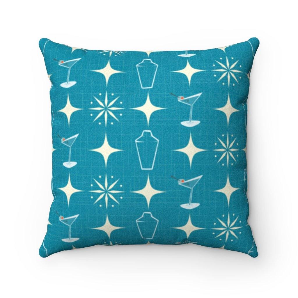 1950s Atomic Starburst Martinis Blue MCM Pillow | lovevisionkarma.com