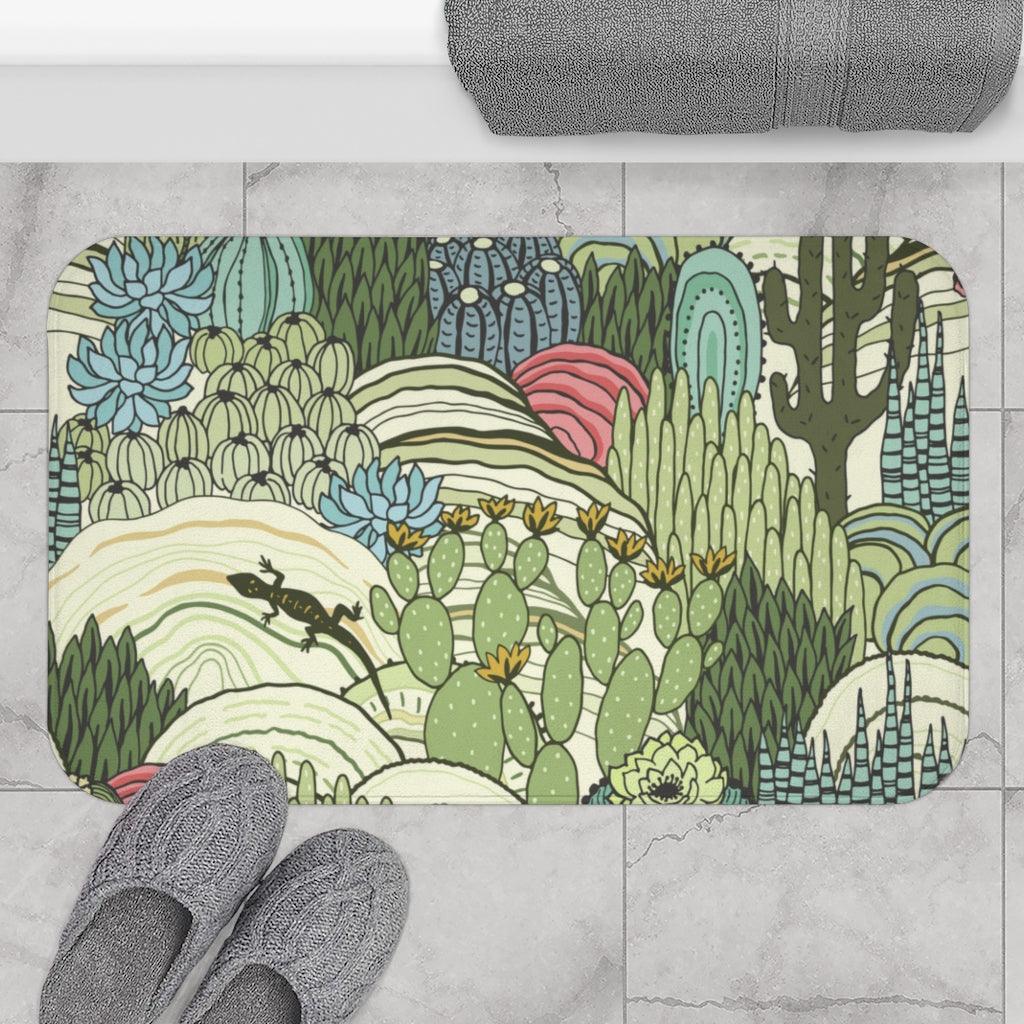 Lizard, Cacti & Succulents Retro Green Bath Mat | lovevisionkarma.com