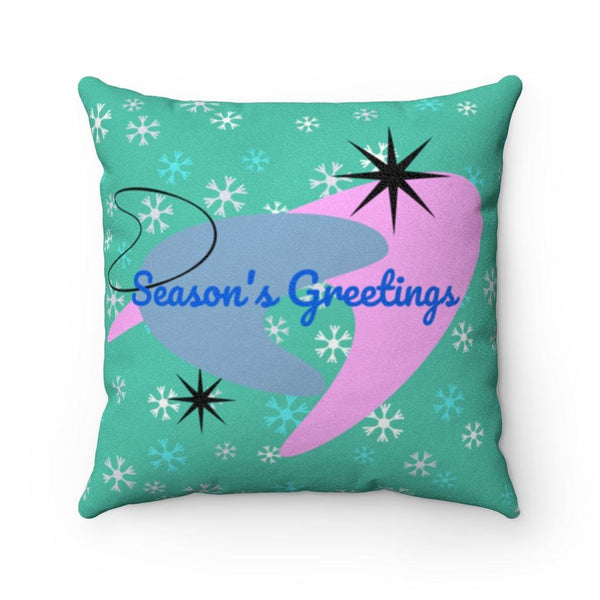 Mid Century Mod Atomic Burst Season's Greetings Green Christmas Pillow | lovevisionkarma.com