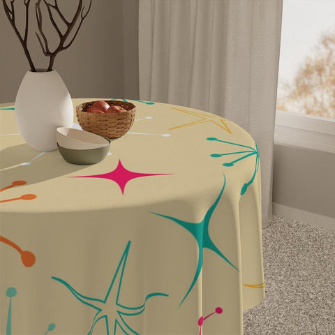 Retro Mid Century Starbursts on Cream Tablecloth | lovevisionkarma.com