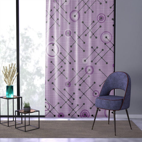 Retro Mid Century Lines & Circles Purple Sheer Window Curtain | lovevisionkarma.com