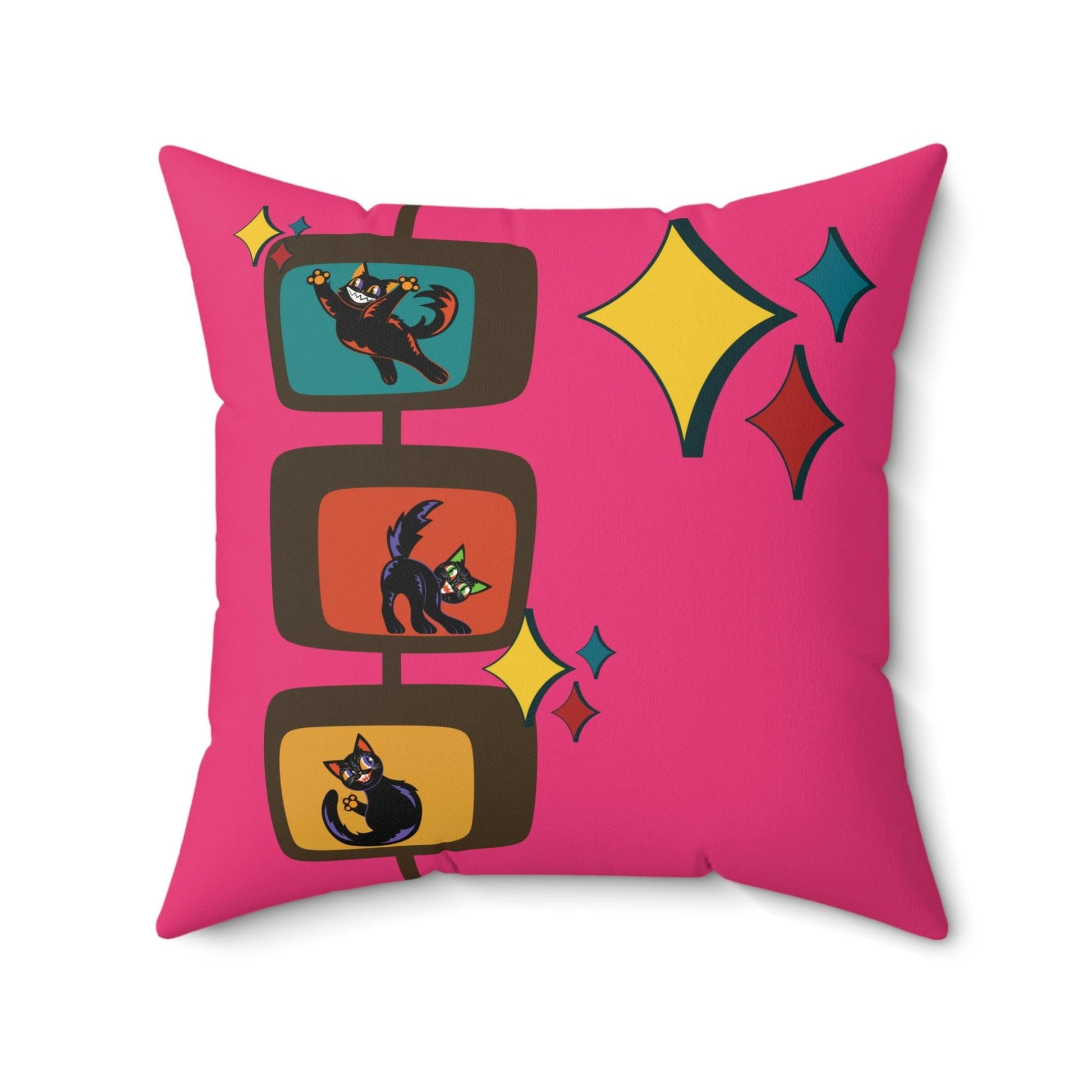 Retro Kitsch Cats Mid Century Atomic Burst Pink Pillow | lovevisionkarma.com