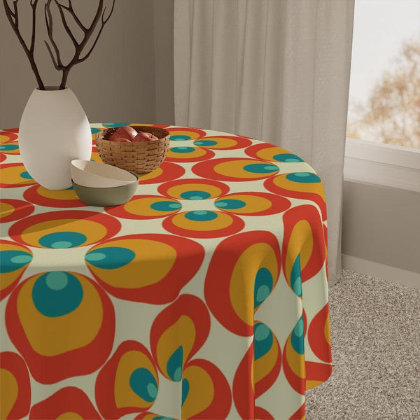 Groovy Retro Flowers 1960s, 1970s Orange and Green Mid Century Mod Tablecloth | lovevisionkarma.com